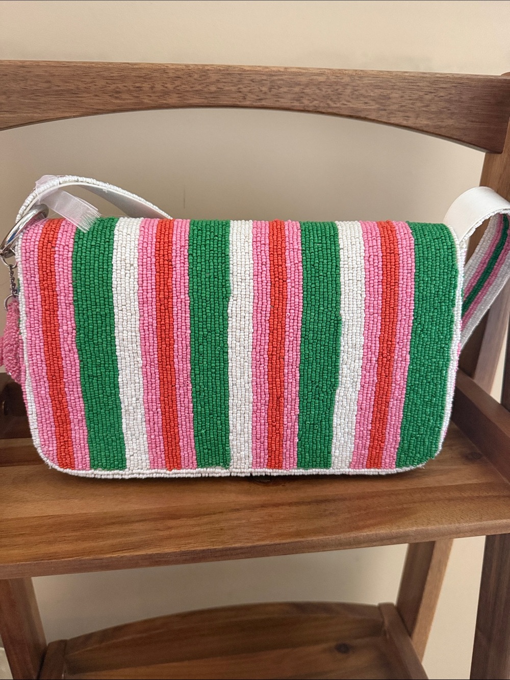 Pink and Green Beaded Crossbody Bag with Pom Accent - Picture 3 of 3
